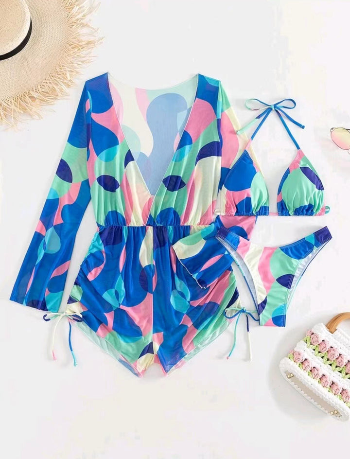 Damen Strand-Outfit mit langärmliger Überbluse und Bikini Drune
