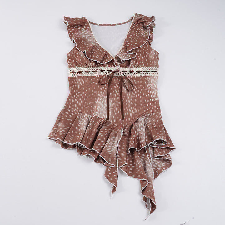 Damen asymmetrisches Sommerkleid mit Rüschen und Spitzenakzenten Drune