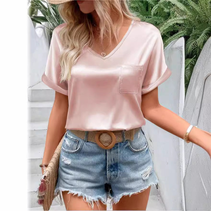 Damen Satin V-Ausschnitt T-Shirt mit Brusttasche und lässigem Schnitt Drune