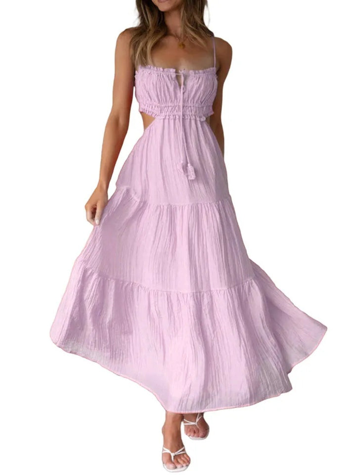 Damen luftiges Maxikleid mit Rüschendetails und verstellbarem Taillenband Drune