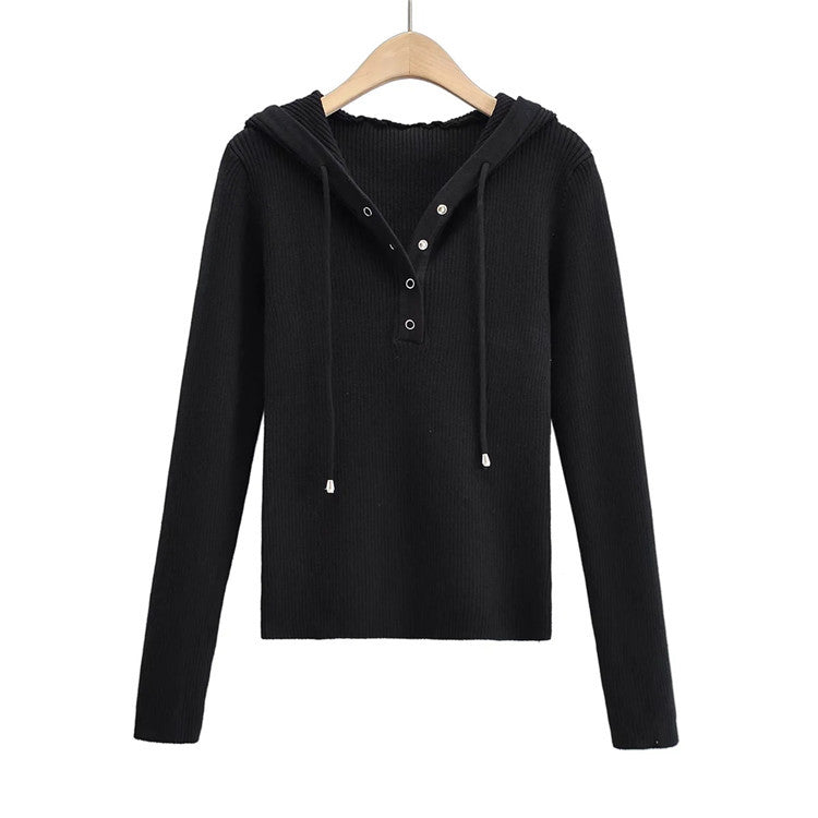 Damen lässiger Strickpullover mit Kapuze und Knopfleiste Drune