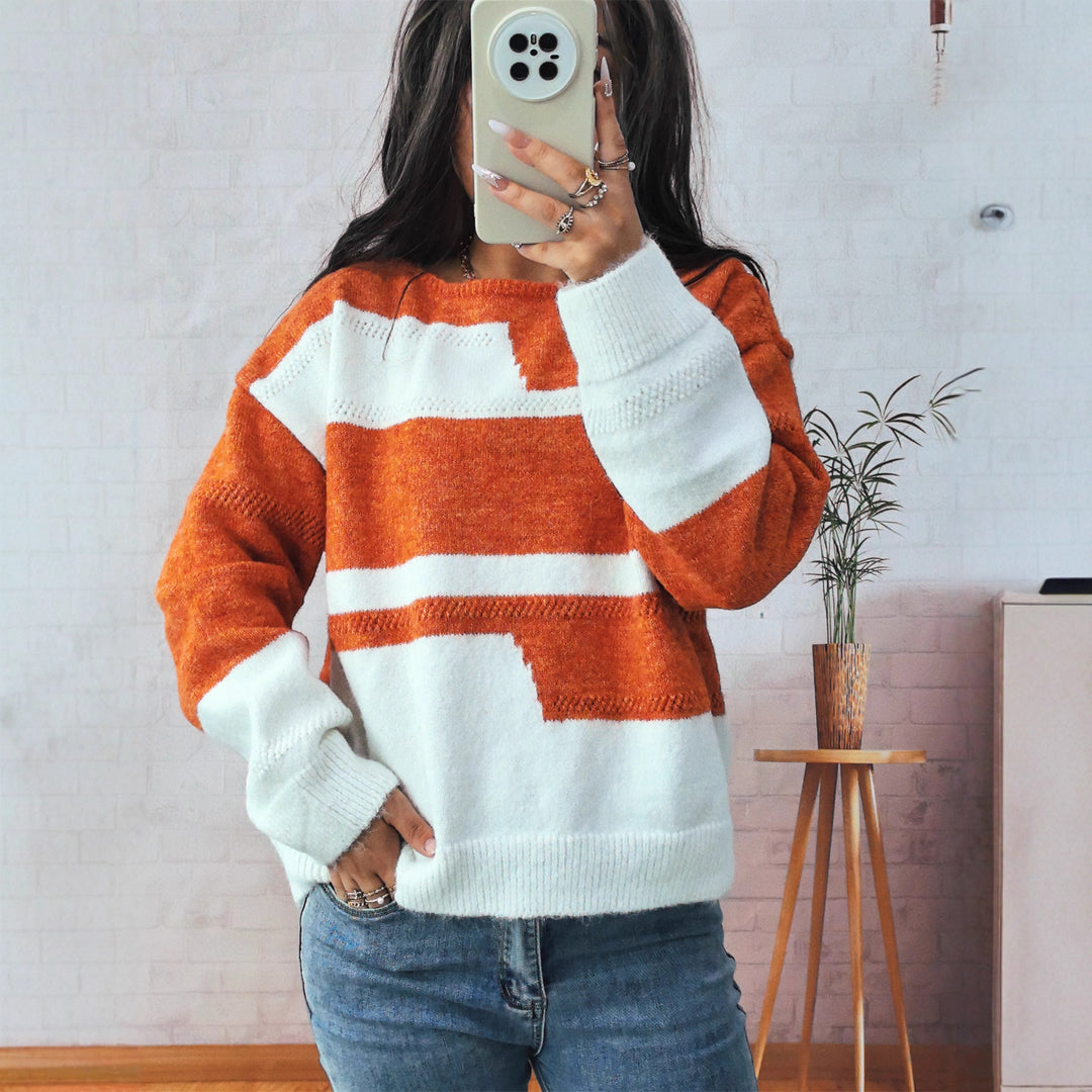 Damen gemütlicher Strickpullover mit modernen Blockstreifen Drune