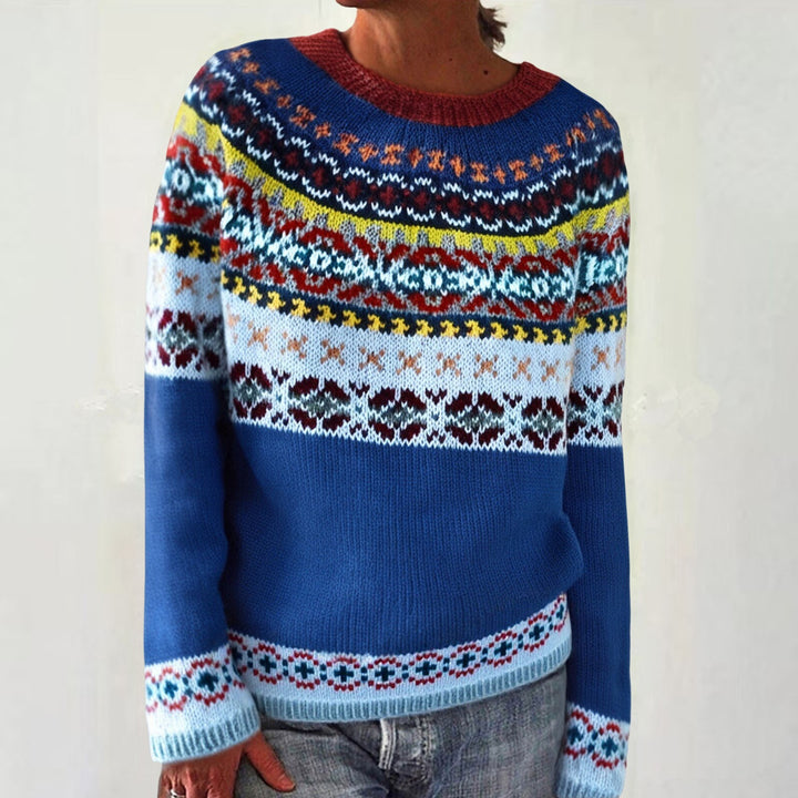 Damen nan melierter Rundhalsausschnittpullover mit kreisförmigem Jacquard-Yoke und geripptem Saum Drune