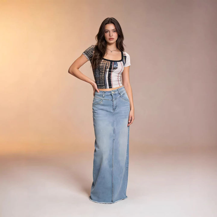 Damen Maxirock im modernen Schnitt mit fransigen Details Drune