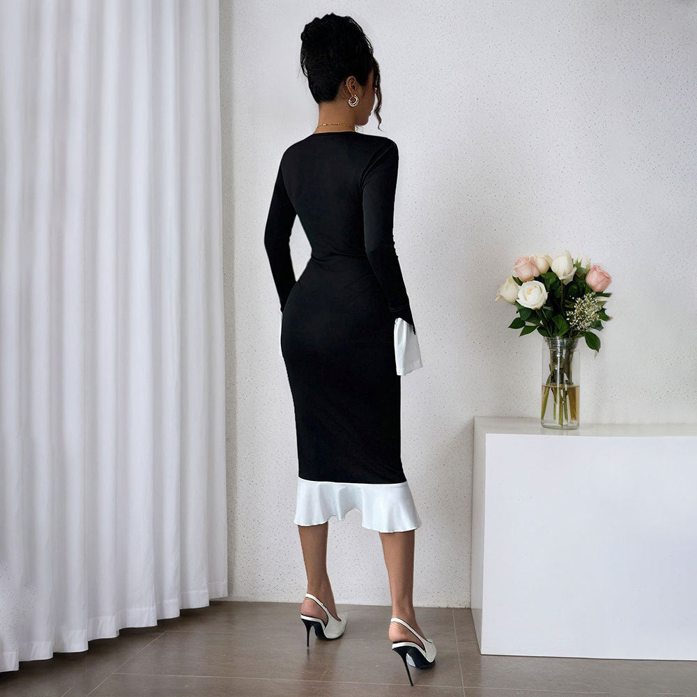 Damen elegantes Kleid mit Rüschendetails und weitem Ärmel Drune