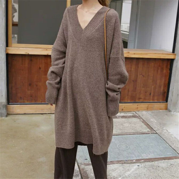 Damen gemütliches Strickkleid mit V-Ausschnitt und langen Ärmeln Drune