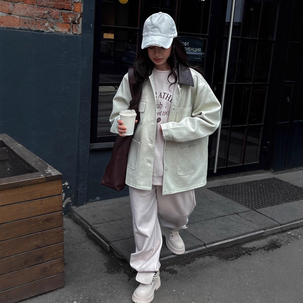 Damen lässige Oversized-Jacke mit ledernem Kragen und praktischen Taschen Drune