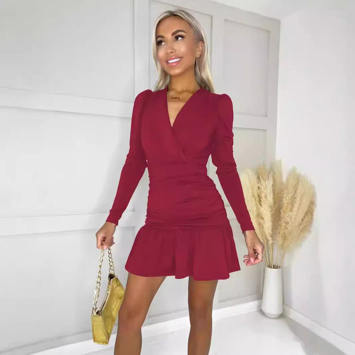Damen Wickelkleid mit Rüschen und langen Ärmeln Drune