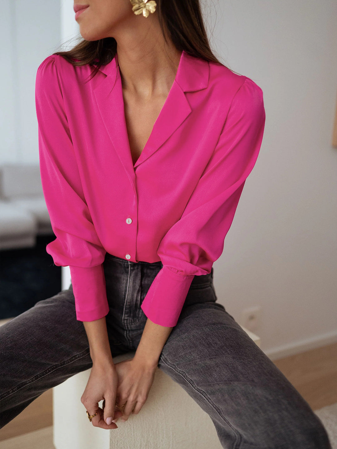 Damen Elegante Seidenbluse mit tiefem V-Ausschnitt und klassischem Kragen Drune