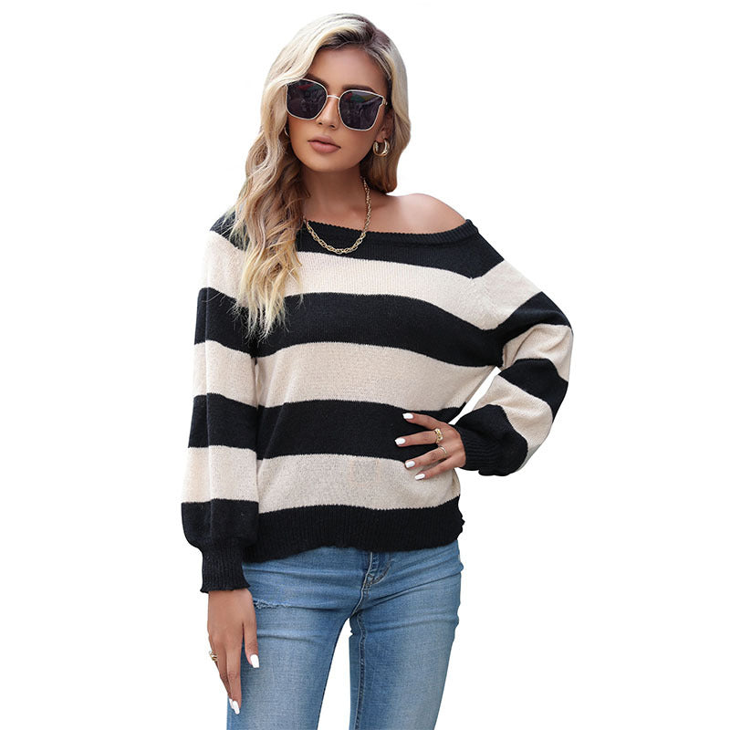 Damen lässiger Pullover im Streifenlook mit Off-Shoulder-Ausschnitt Drune