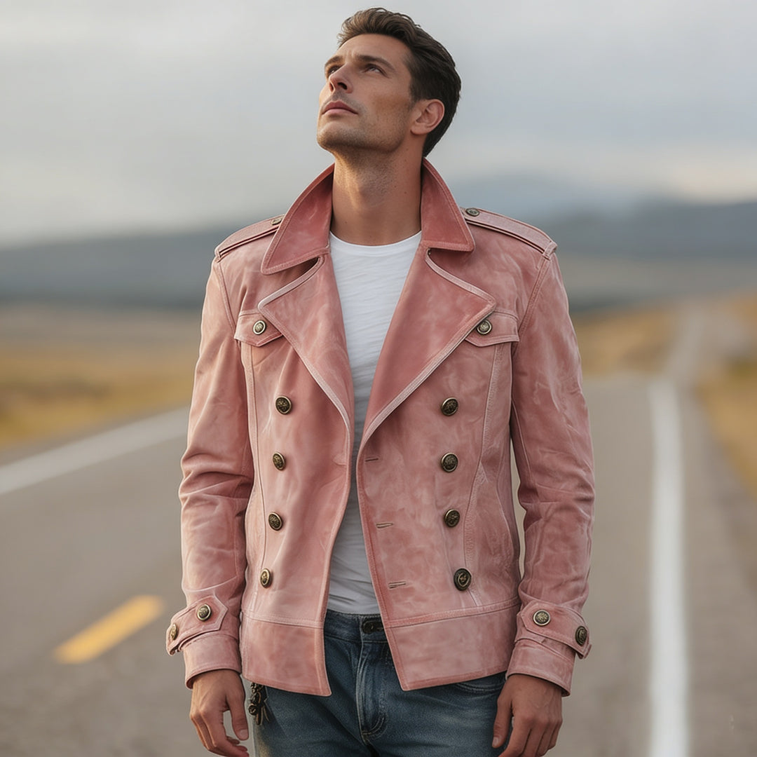 Herren nan doppeltreihige Vintage-Lederjacke mit Reverskragen und Schulterpatten Drune