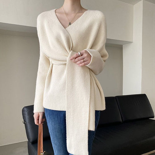 Damen modische Bluse mit Wickeldesign und Binde-Gürtel Drune