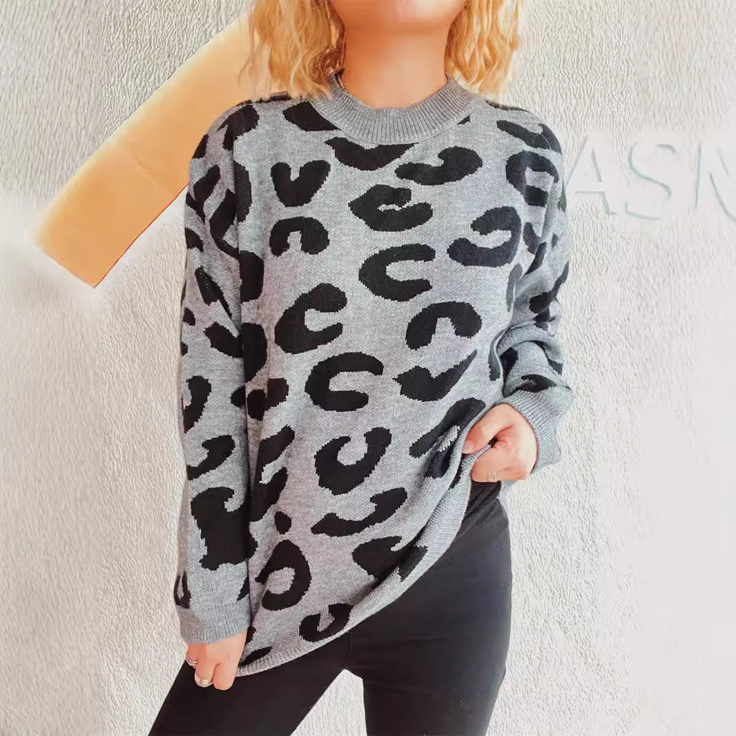 Damen gemütlicher Oversized-Pullover mit modernem Leopardenmuster und Rundhalsausschnitt Drune