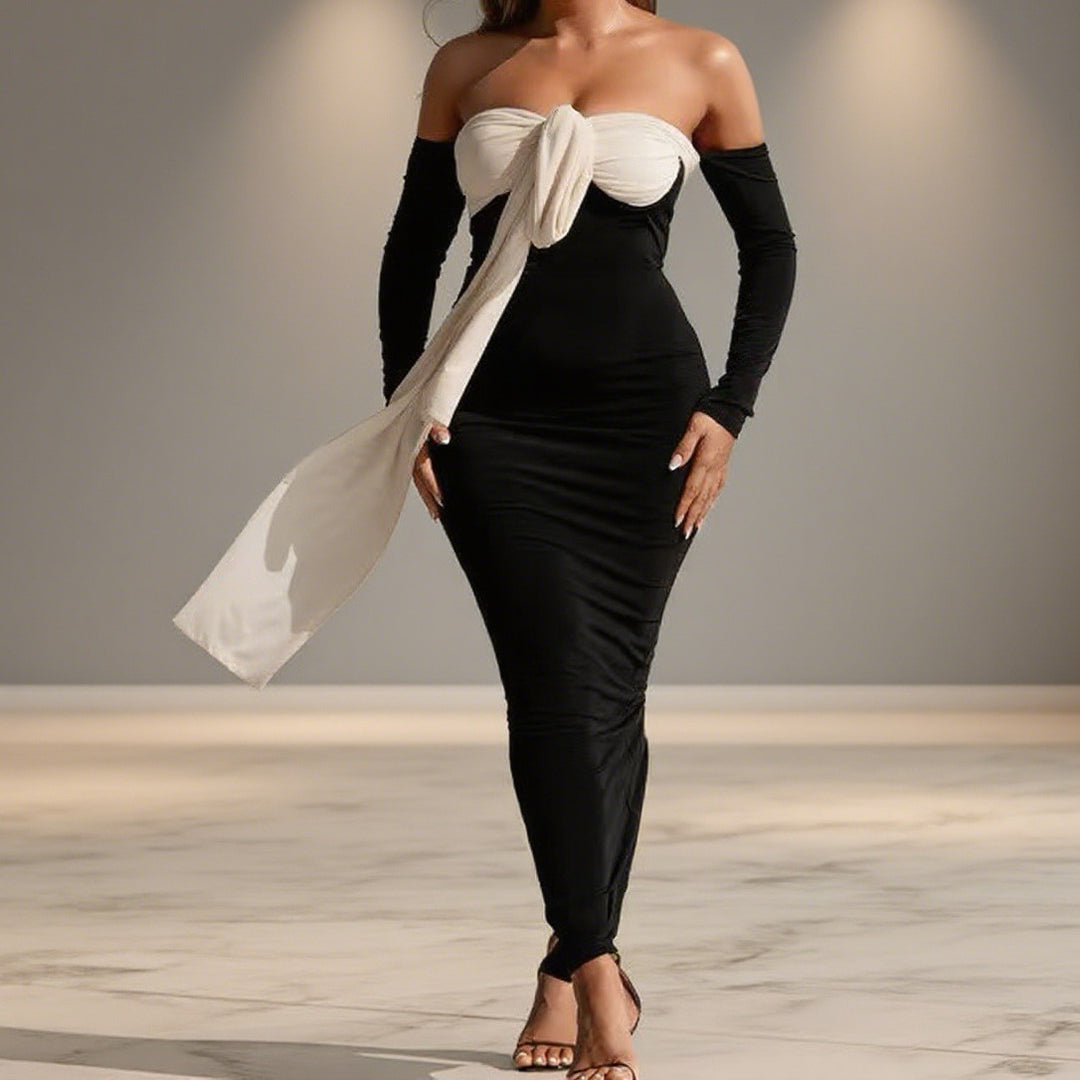 Damen Elegantes Off-Shoulder Maxikleid mit dekorativem Knoten und langen Ärmeln Drune