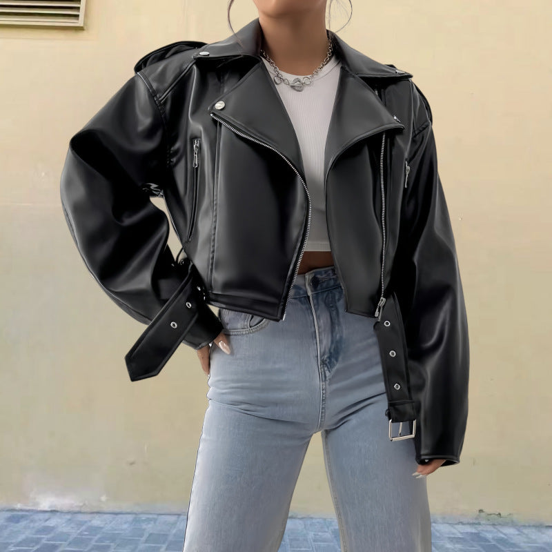 Damen modische Kunstlederjacke im Biker-Stil mit strukturiertem Design Drune