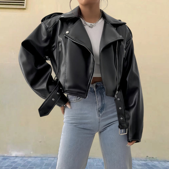 Damen modische Kunstlederjacke im Biker-Stil mit strukturiertem Design Drune