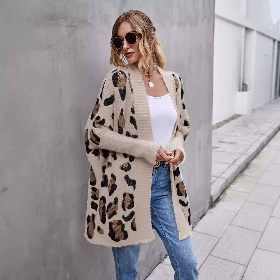 Damen kuschelige Strickjacke mit modischem Leopardenmuster Drune