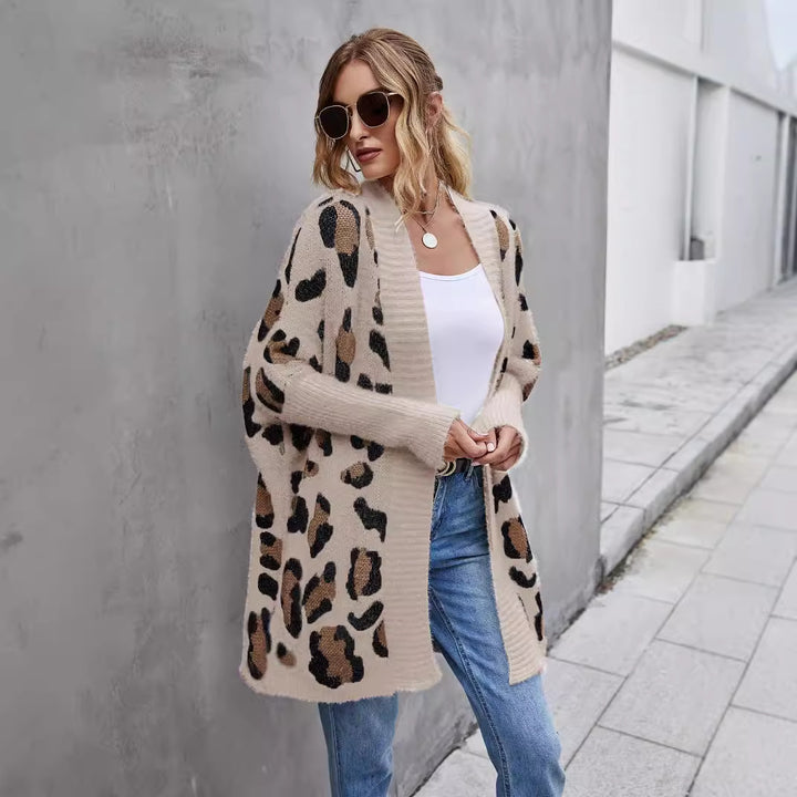 Damen kuschelige Strickjacke mit modischem Leopardenmuster Drune