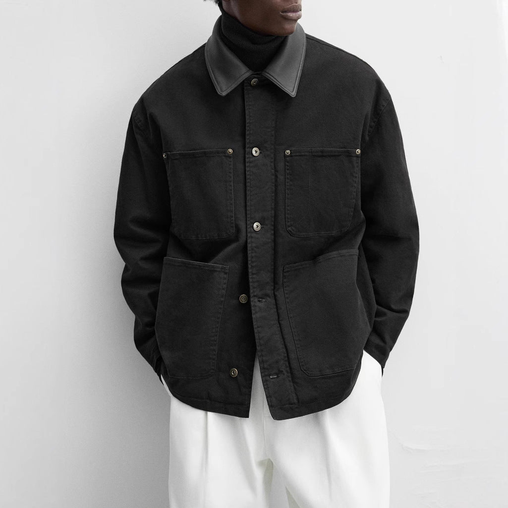 Herren modische Utility-Jacke mit großen aufgesetzten Taschen und anpassbarem Kragen Drune