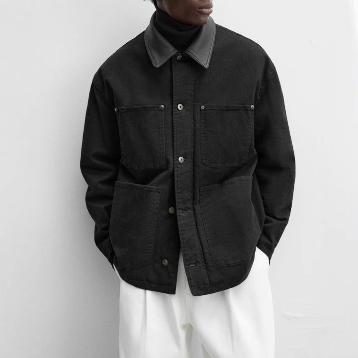 Herren modische Utility-Jacke mit großen aufgesetzten Taschen und anpassbarem Kragen Drune