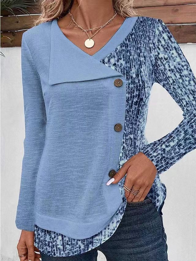 Damen Modisches Langarmshirt mit asymmetrischem Kragen und dekorativen Knopfdetails Drune