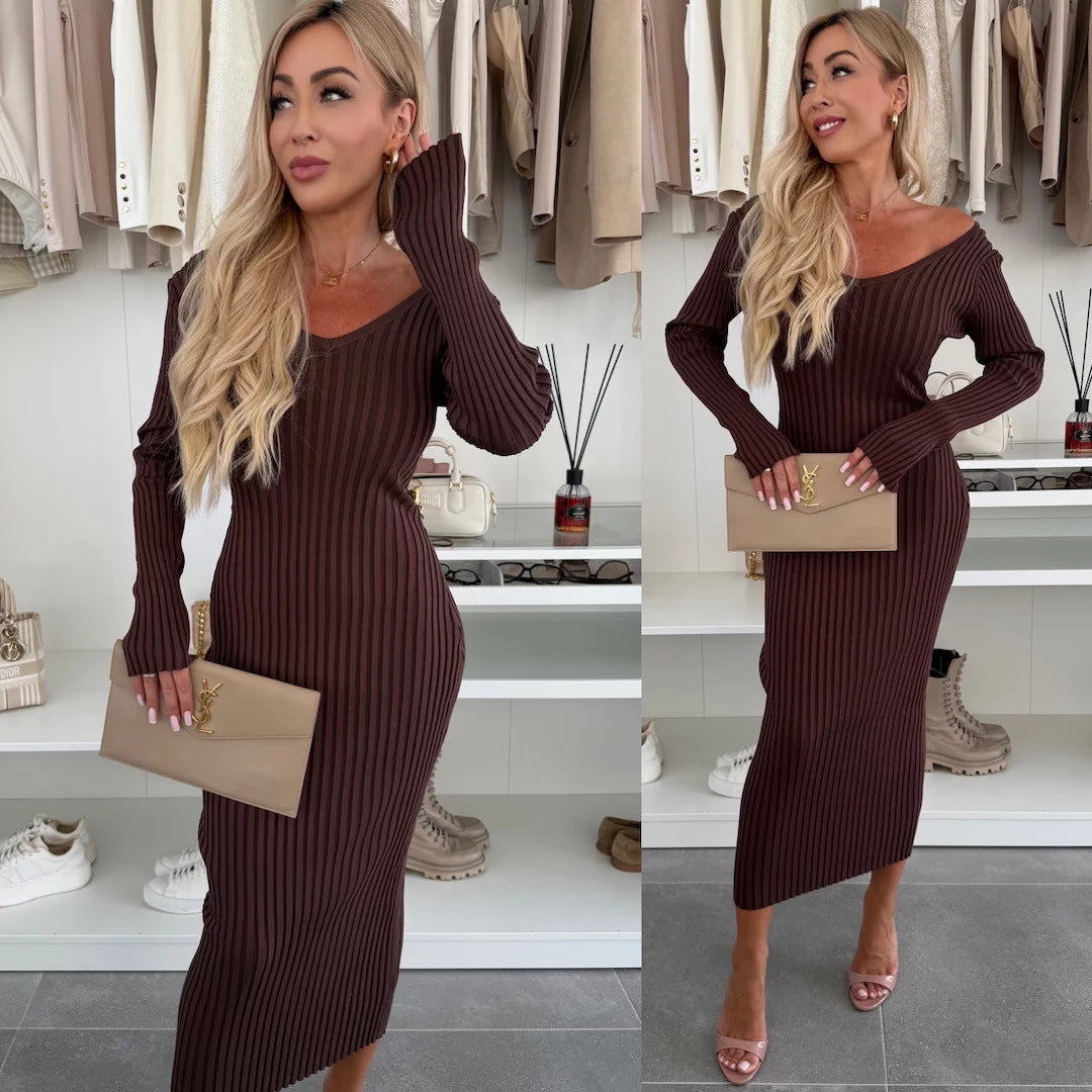 Damen elegantes, figurbetontes Strickkleid mit V-Ausschnitt Drune