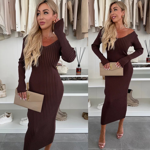 Damen elegantes, figurbetontes Strickkleid mit V-Ausschnitt Drune