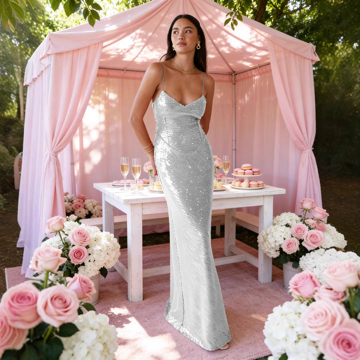 Damen Elegantes Abendkleid mit funkelnden Pailletten und tiefem V-Ausschnitt Drune