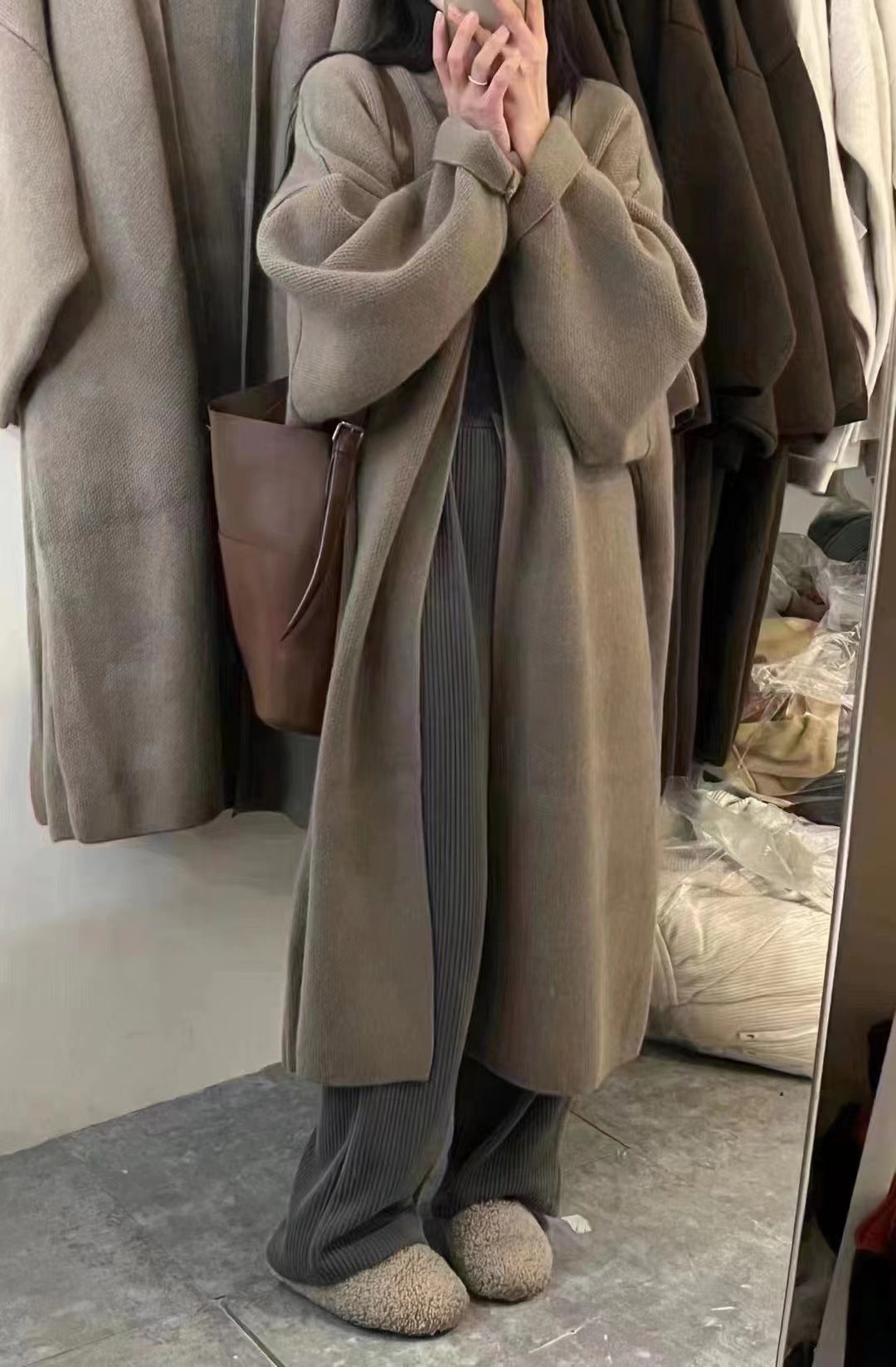 Drune | Strickjacke Mantel Übergröße Passform Wollstrick Offene Vorderseite Knöchellänge