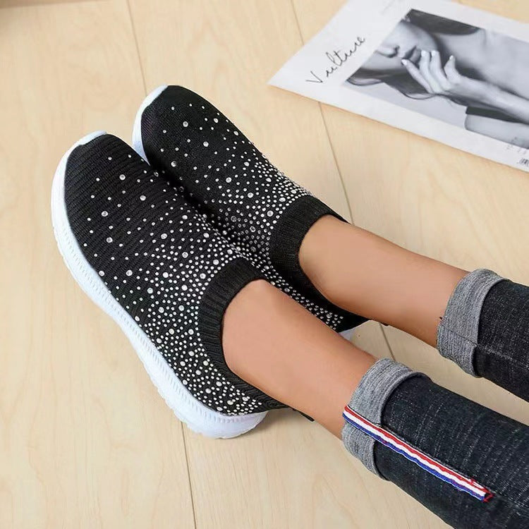Damen nan gestrickte Slipper-Sneaker mit Strassbesatz und elastischem Einstieg Drune