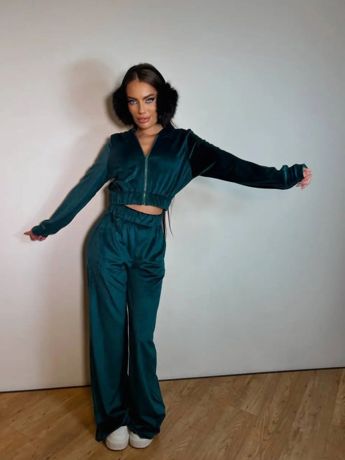 Damen Sportliches Velours-Loungewear-Set mit Kapuze und elastischem Bund Drune