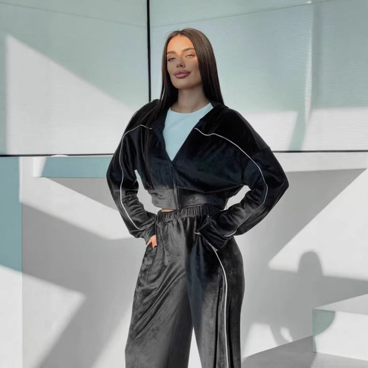 Damen Sportliches Velours-Loungewear-Set mit kurzem Hoodie und weitem Bein Drune