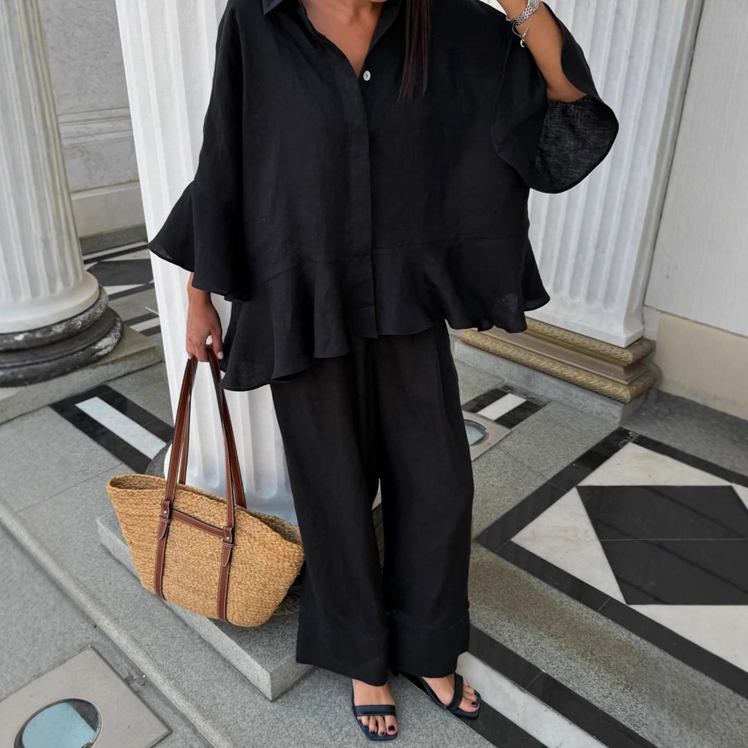 Damen Leinenbluse mit voluminösen Ärmeln und weiten Hosen Drune