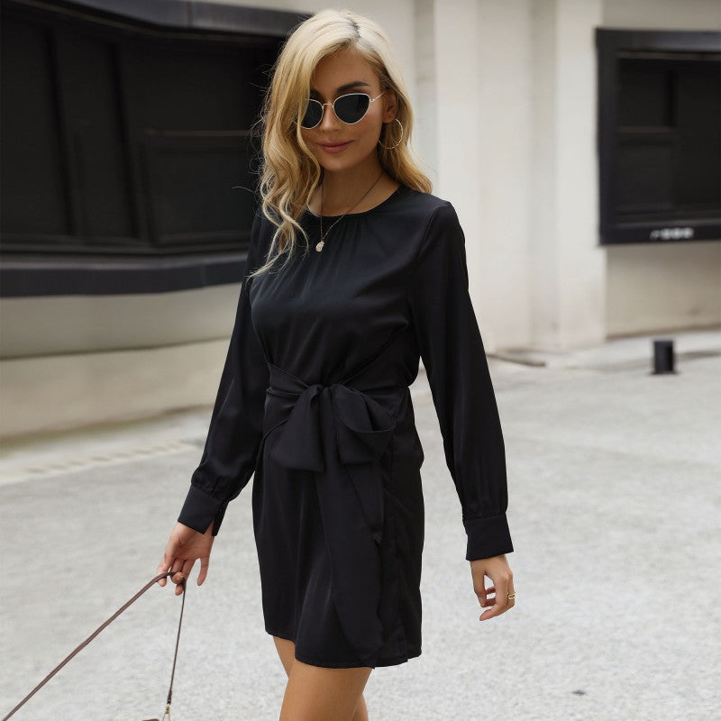 Damen Wickelkleid mit eleganter Schleifenbindung und langem Ärmel Drune
