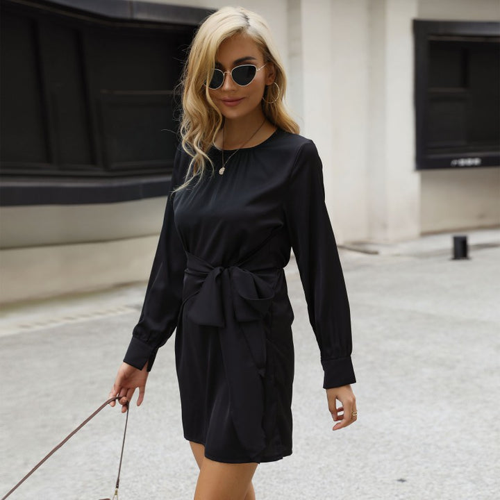 Damen Wickelkleid mit eleganter Schleifenbindung und langem Ärmel Drune