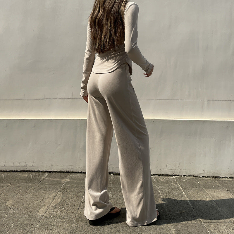 Damen nan legerer Palazzo-Loungehose mit Umschlagbund und weichem Baumwollstretch Drune