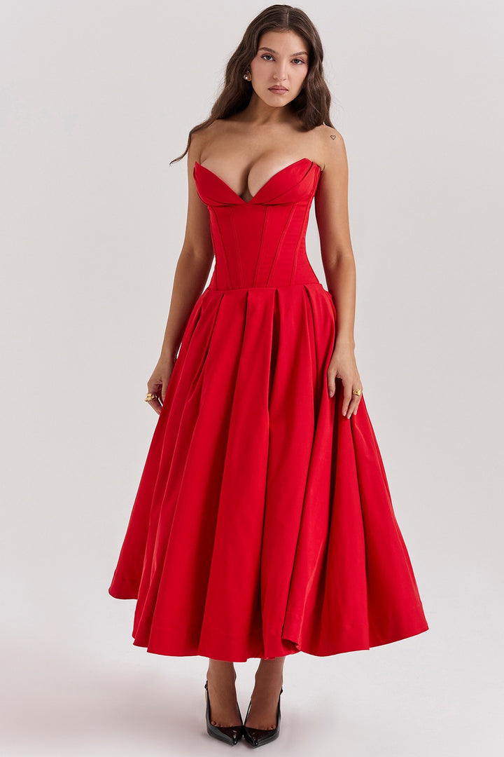 Damen Couture Maxikleid mit elegantem Herz-Ausschnitt und schwingendem Rock Drune