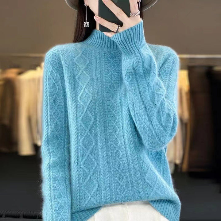 Damen Hochwertiger Strickpullover mit Stehkragen und Zopfdesign Drune