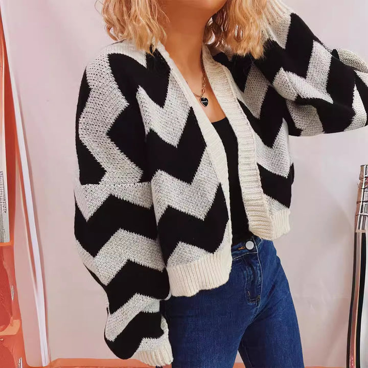 Damen modische Strickjacke mit Chevron-Muster und breiten Ärmeln Drune
