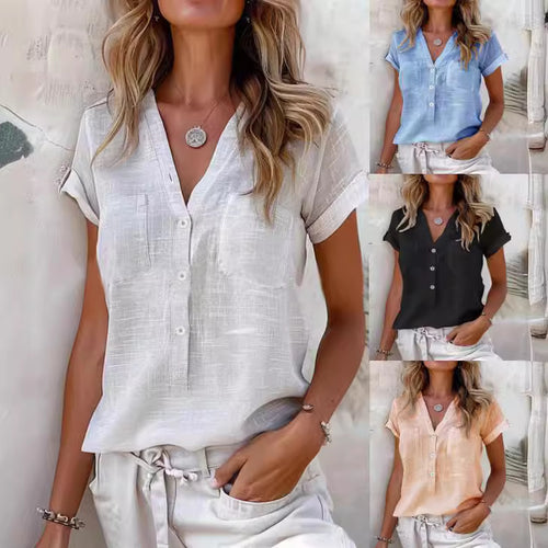 Damen Kurzarm Bluse mit Knopfleiste und Brusttaschen Drune