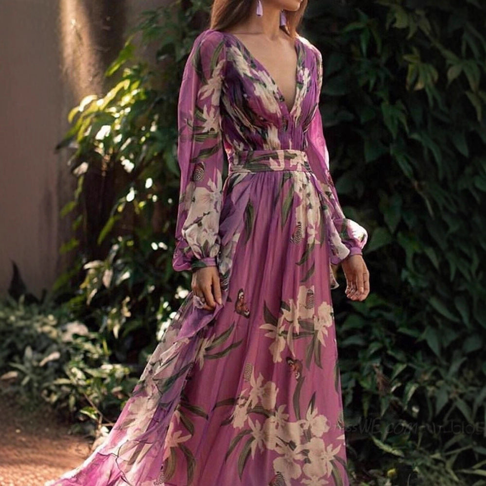 Damen Maxi-Kleid mit floralem Muster und voluminösen Ärmeln Drune