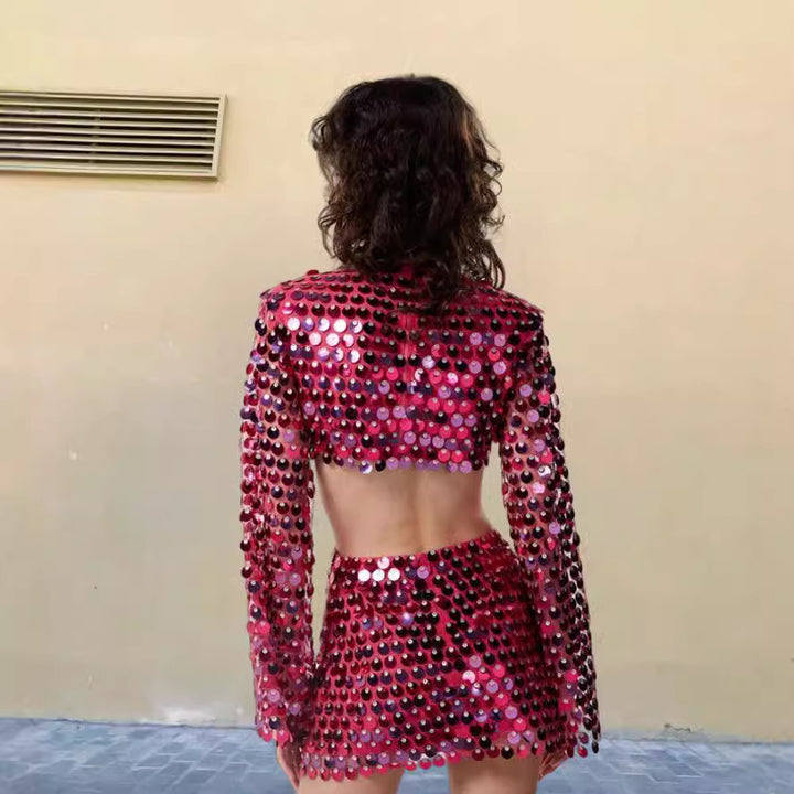 Damen modisches Minikleid mit durchsichtigen Ärmeln und Paillettenbesatz Drune
