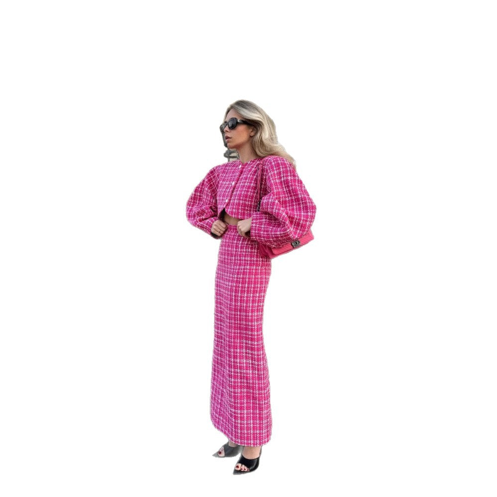 Damen Maxikleid mit innovativem Karo-Design und Volantärmel Drune
