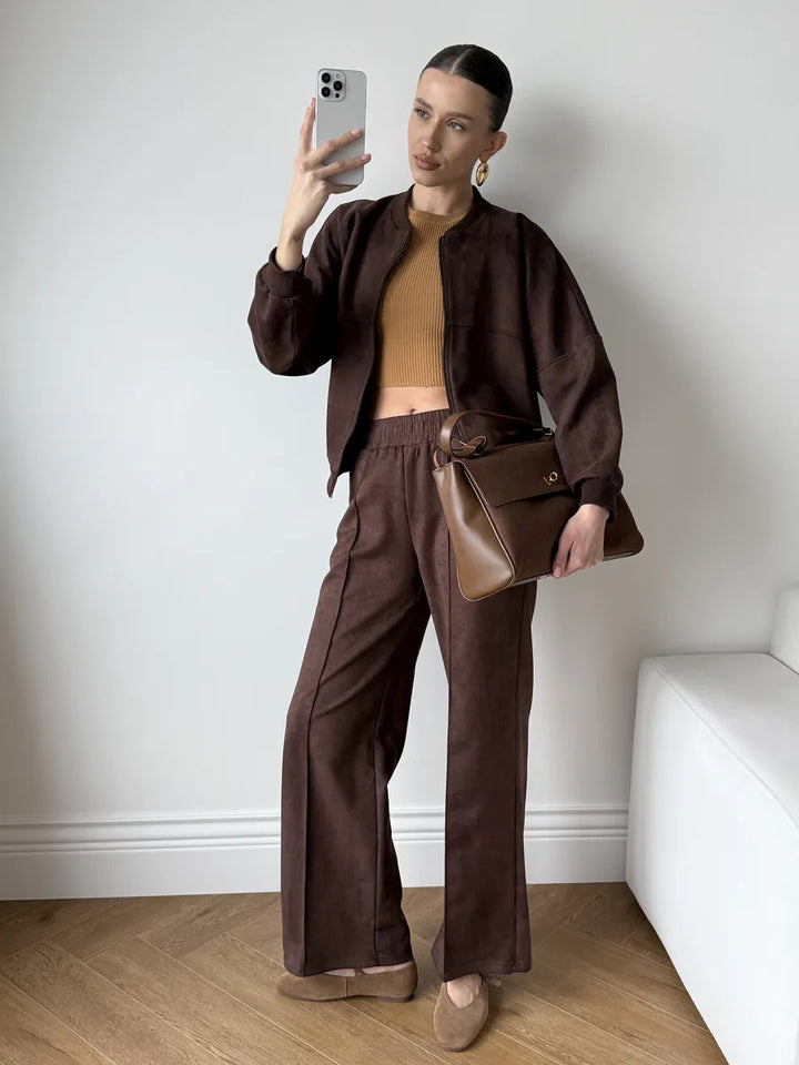 Damen nan zweiteiliges Velours-Loungewear-Set mit kurzem Zip-Hoodie und weiter Highwaist-Hose Drune