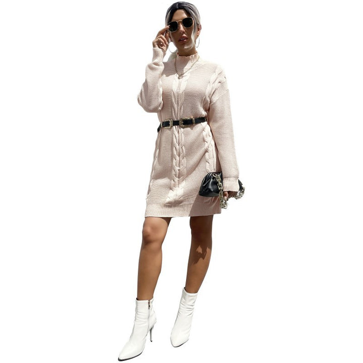 Damen Strickkleid mit trendiger Waffelstruktur und hohem Kragen Drune
