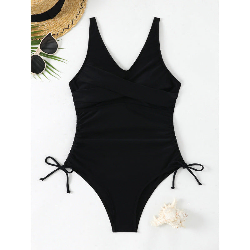 Damen Einteiler Badeanzug mit elegantem Wickeldesign und verstellbaren Schnürdetails Drune
