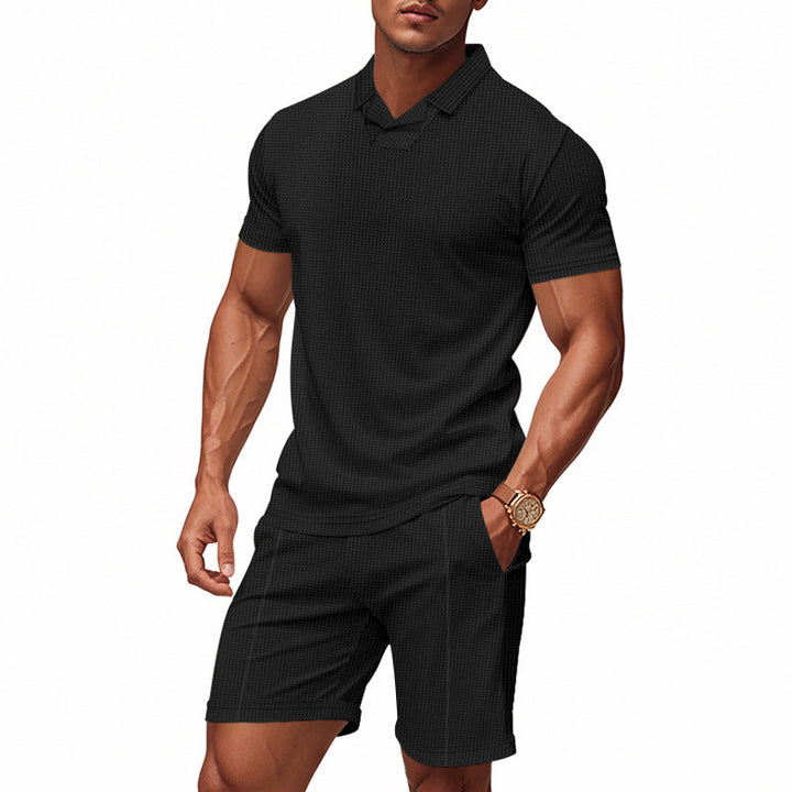 Herren nan lässiges Waffelstruktur-Freizeitset mit Reverskragen-Kurzarmshirt und elastischen Freizeitshorts Drune