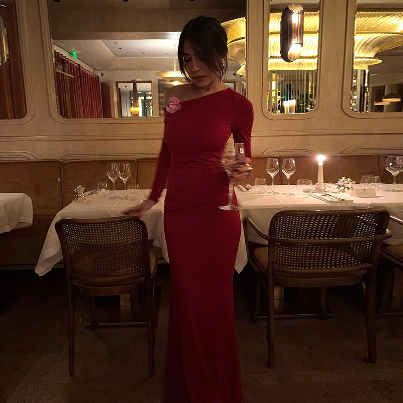 Damen elegantes langärmeliges Abendkleid mit asymmetrischem Ausschnitt und figurformendem Design Drune