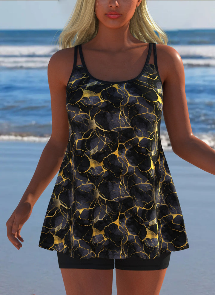 Damen Schwimmanzug in Plissee-Optik mit floralen Mustern und bequemen Shorts Drune