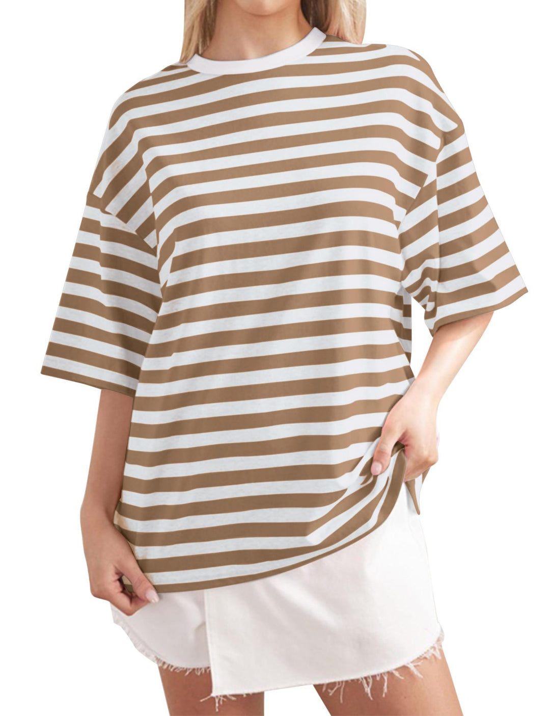 Damen Oversized gestreiftes T-Shirt mit Rundhalsausschnitt und kurzen Ärmeln Drune